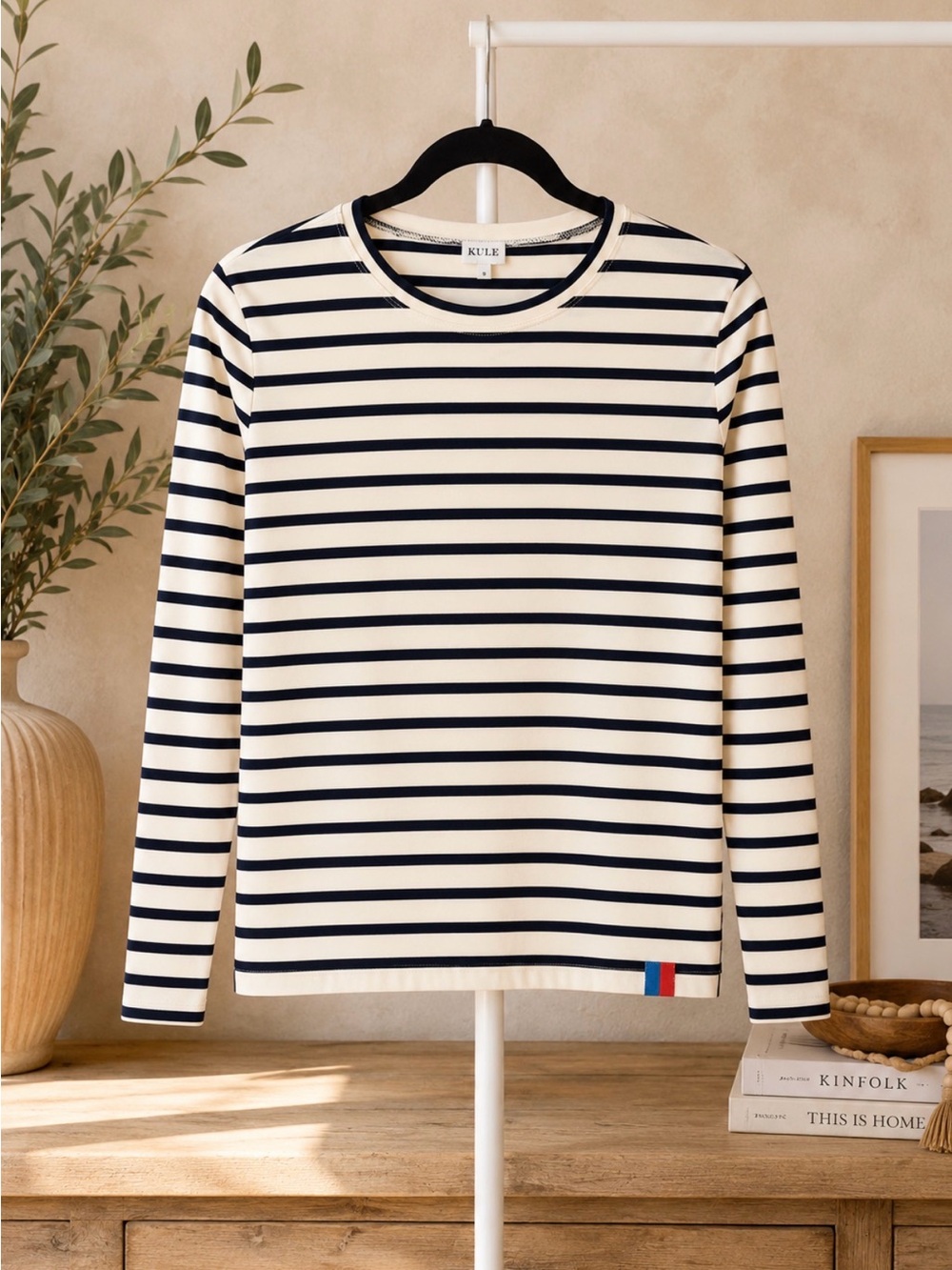 KULE The Modern Long Cream Navy Striped Breton Cotton Tee Top Size S